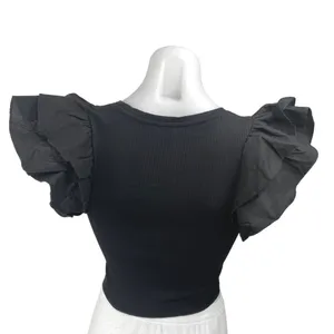 Zara Black Rib Knit Short Flutter Ruffle Sleeve V-Neck Slim Crop Blouse Top S thumbnail 2