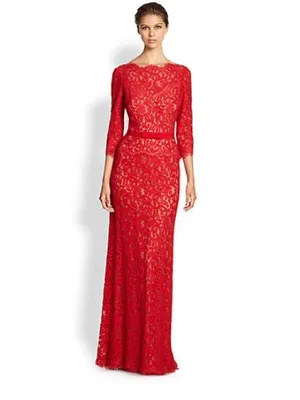 Tadashi Shoji Red Lace Maxi Dress with Three-Quarter Sleeves thumbnail 2