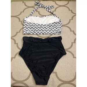 Cupshe Chevron Halter Bandeau & Multi Way Tummy Control Midkini Set, size large thumbnail 15