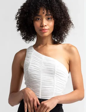 Le Lis Anthropologie One-Shoulder Ruched‎ Bodysuit Medium White Mesh NWT thumbnail 1