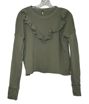Free People Ruffle Front Sweatshirt Olive Green XS Raw Hem Cotton Pullover thumbnail 1