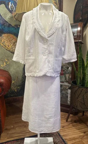 Kim Rogers Petite Linen Skirt Set White Ruffle Blazer & Midi Skirt Size PL Coast thumbnail 2