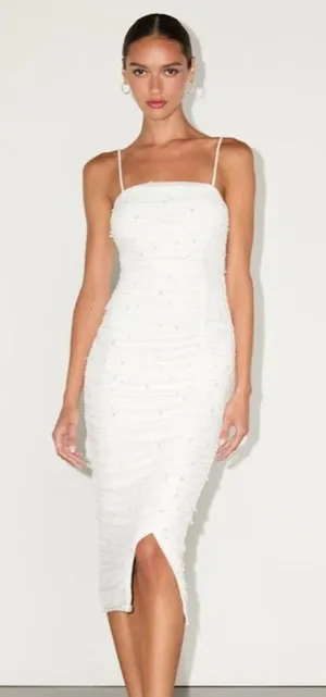 Lulus Toast to Romance White Ruched Pearl Bodycon Midi Dress Size Small Bridal thumbnail 1
