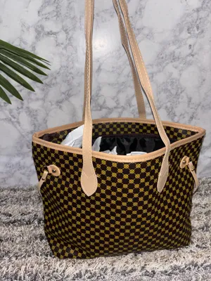 Brown Monogram Print Tote Bag with Beige Handles thumbnail 3