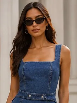 Avec Les Filles Denim Square-Neck Mini Dress in Blue thumbnail 2
