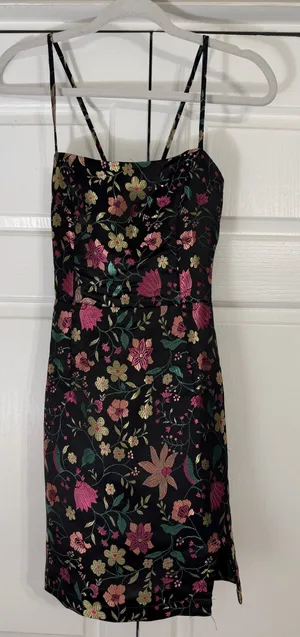 Lulus Black and Colorful Floral Jacquard Mini Dress thumbnail 1