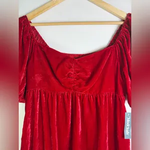 Modcloth Women’s Red Velvet Mini Dress Smocked Puff Sleeve Coquette NWT L thumbnail 5