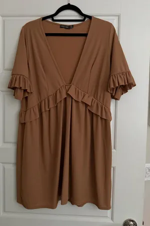 Nasty Gal Soft Tan Mini Dress Deep V Neck thumbnail 1