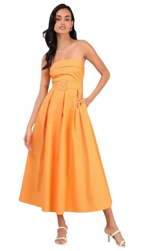 Lulus Trendsetting Choice Orange Strapless Midi Dress With Pockets size L NWT thumbnail 1