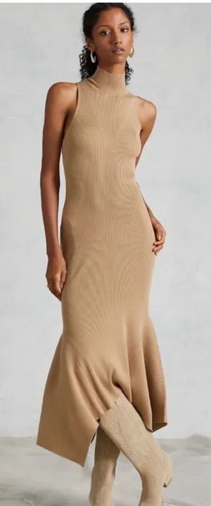 ANTHROPOLOGIE Mock Neck‎ Ribbed Knit Midi Dress Size Large Tan thumbnail 1