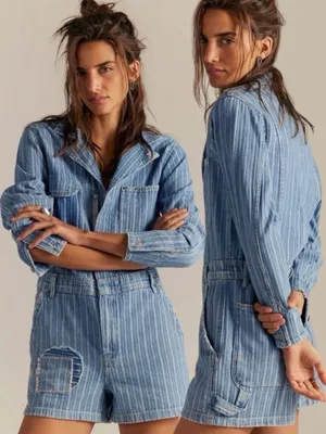 Free People Downtown Denim Railroad Patchwork Coveralls Romper Small Bohemian thumbnail 2