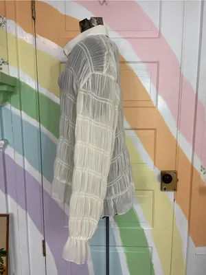 SNDYS La Louisiane Shirred Sheer Flare Sleeve Cream Button Front Top Sz M 💛🎀 thumbnail 7