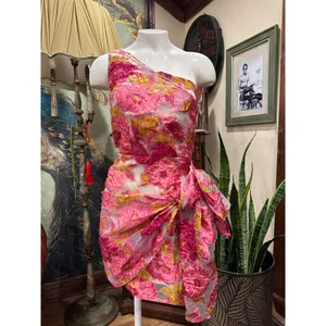 Showpo Brailey Dress One Shoulder Pink Gold Floral Jacquard Wrap Mini US 0 thumbnail 3