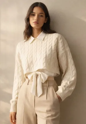 Aritzia Babaton Peggy‎ Cream Cable Knit Cropped Sweater Wool Minimal Size XL thumbnail 1