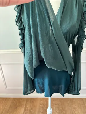 Free People Whimsy Fairycore Teal Green Ruffle Cold Shoulder Mini Dress | Sz 2 thumbnail 6