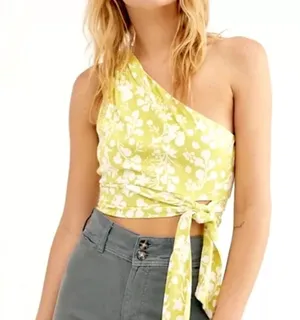 Carmen one shoulder yellow tropical cropped tie blouse top size S thumbnail 1