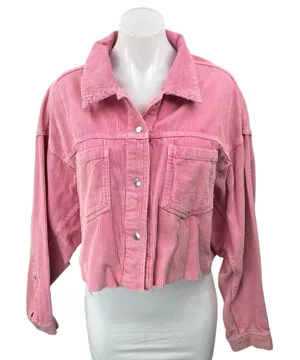 NEW Urban Outfitters BDG Pink Corduroy Button Up Crop Shirt Shacket Jacket Top L thumbnail 1