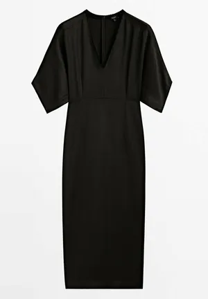 Massimo Dutti Black Midi Dress with Gold Neck Detail Size M thumbnail 3