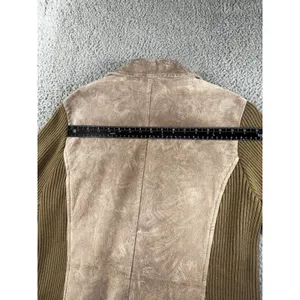 Retro Leather Knit Jacket Women L Brown Ribbed Full Zip VTG‎ Boho Mixed Media thumbnail 9