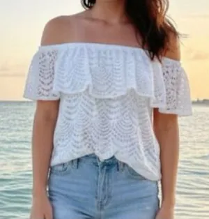 white off-the-shoulder lace eyelet ruffle top w flutter sleeves Lilly Pulitzer thumbnail 1