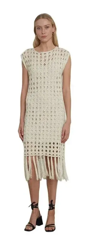 Eleven Six Shaya Crochet Midi Dress w/ Fringe Ivory Cotton Resort Wear Old Money thumbnail 1