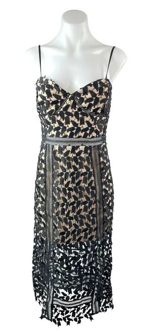Just Me Black Beige Floral Layered Sleeveless Bustier Cami Midi Sheath Dress S thumbnail 1