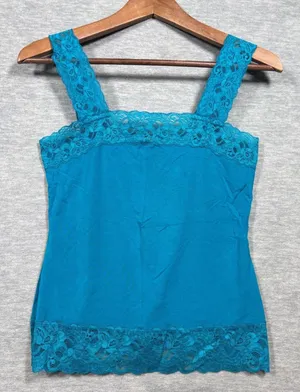 Y2K Tank Top Size S Petite Halogen Lace Trim Tank Top Teal Blue Stretch thumbnail 1