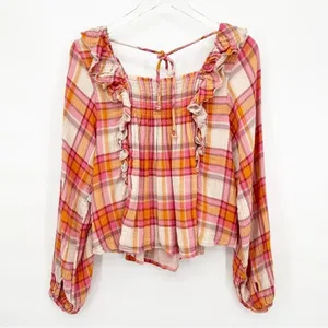 NWT Free People Sienna Plaid Ruffle Long Sleeve Blouse Women's S Prairie‎ Chic thumbnail 3