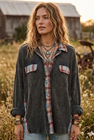 Oli & Hali Washed Plaid Waffle Knit Button-Down Shirt thumbnail 1