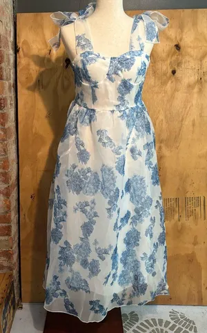 Sleeveless Chiffon Blue Floral Print Cocktail Party Corset Dress Sz M thumbnail 1