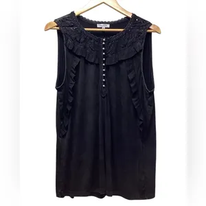 White birch Black Acid Wash Lace And Ruffle sleeveless Blouse Size Medium thumbnail 2