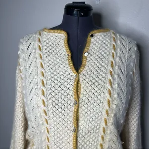 Hand Knit Cream Cable Knit Textured Cinched Waist Button Front Cardigan thumbnail 6