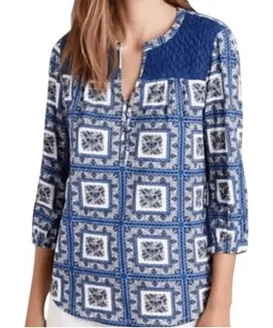 ANTHROPOLOGIE PORRIDGE Belmar Blue and White Popover Blouse EUC‎ Size XS thumbnail 1