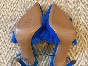 Like New! Andrea Wazen Blue Tulle Ruffle Ankle-Strap Stiletto Heels | Size 36.5 thumbnail 6