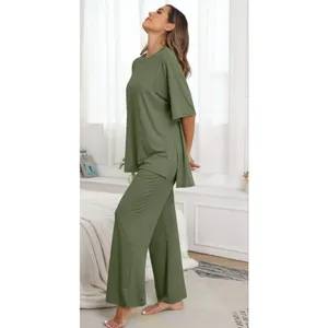 NEW Soft 2 Pc Lounge Set Pajamas Knit Short Sleeve Top & Long Pants M thumbnail 6
