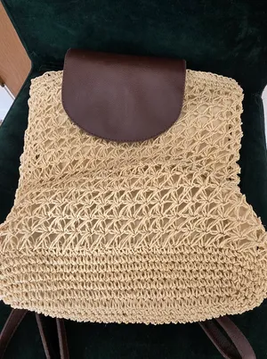 Woven Straw Backpack with Brown Leather Flap Tan thumbnail 6