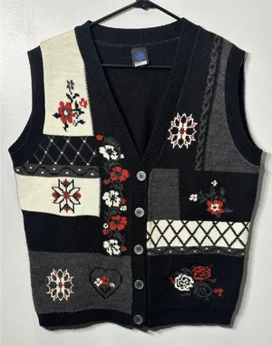 Vintage 90s PANTHER Sweater Vest Embroidery Flower Hearts Red Black Size Medium thumbnail 1