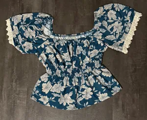AUW Floral Navy Top with Lace Trim on Mid-Sleeves thumbnail 2