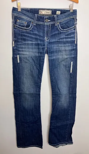 BKE Payton Bootcut Jeans Womens 28R Blue Excellent Contrast Stitch Distressed thumbnail 1