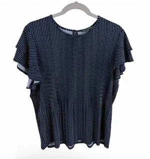 Adrianna Papell Womens Navy Blue White Polka Dot Ruffle Sleeve Blouse Large‎ L thumbnail 1