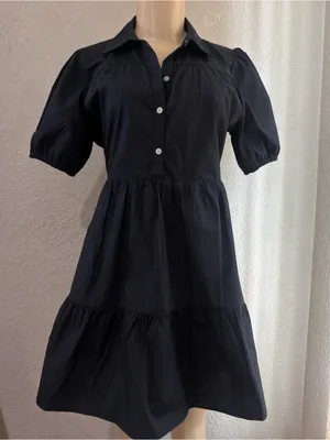 Abercrombie & fitch Black Button-Front Tiered Smock Dress Puff Short Sleeve Coll thumbnail 6