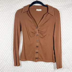 Madewell Brown Rib Ruched Polo Button Up‎ Top thumbnail 2