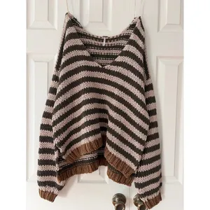Free People Portland‎ Pullover Olive Striped Chunky Knit V-Neck Sweater Large thumbnail 5