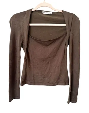 AVEC LES FILLES‎ Knit Scoop Neck Top Brown Small thumbnail 1