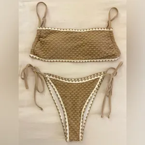 SHEIN Sawtooth Trim Textured Bikini Set, Khaki/Tan, Size L, NWOT thumbnail 4