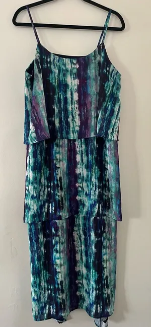 Blue Purple Abstract Maxi Dress Large Resort Beach Vacation Tropical Watercolor thumbnail 1