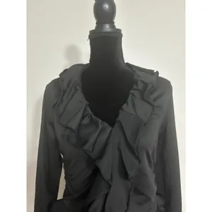 Women's Black Ruffle V-Neck Peplum‎ Long Sleeve Blouse Top Ruched Sexy XL 12 thumbnail 2