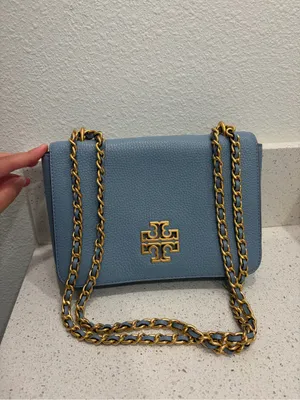Tory Burch Britten Pebbled Leather Convertible Shoulder Bag Blue Purse EUC thumbnail 2