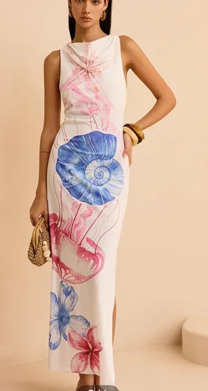 Commense White Semi Sheer Ocean Print Maxi Dress thumbnail 1
