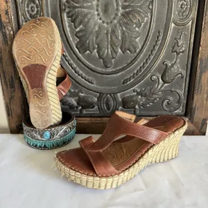 Born Brown Leather Woven Espridrille Wedge‎ Platform Sandal Women 6 US. 36.5 EU thumbnail 1